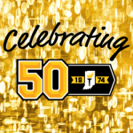 sparkling gold background with the words "celebrating 50 years 1974"